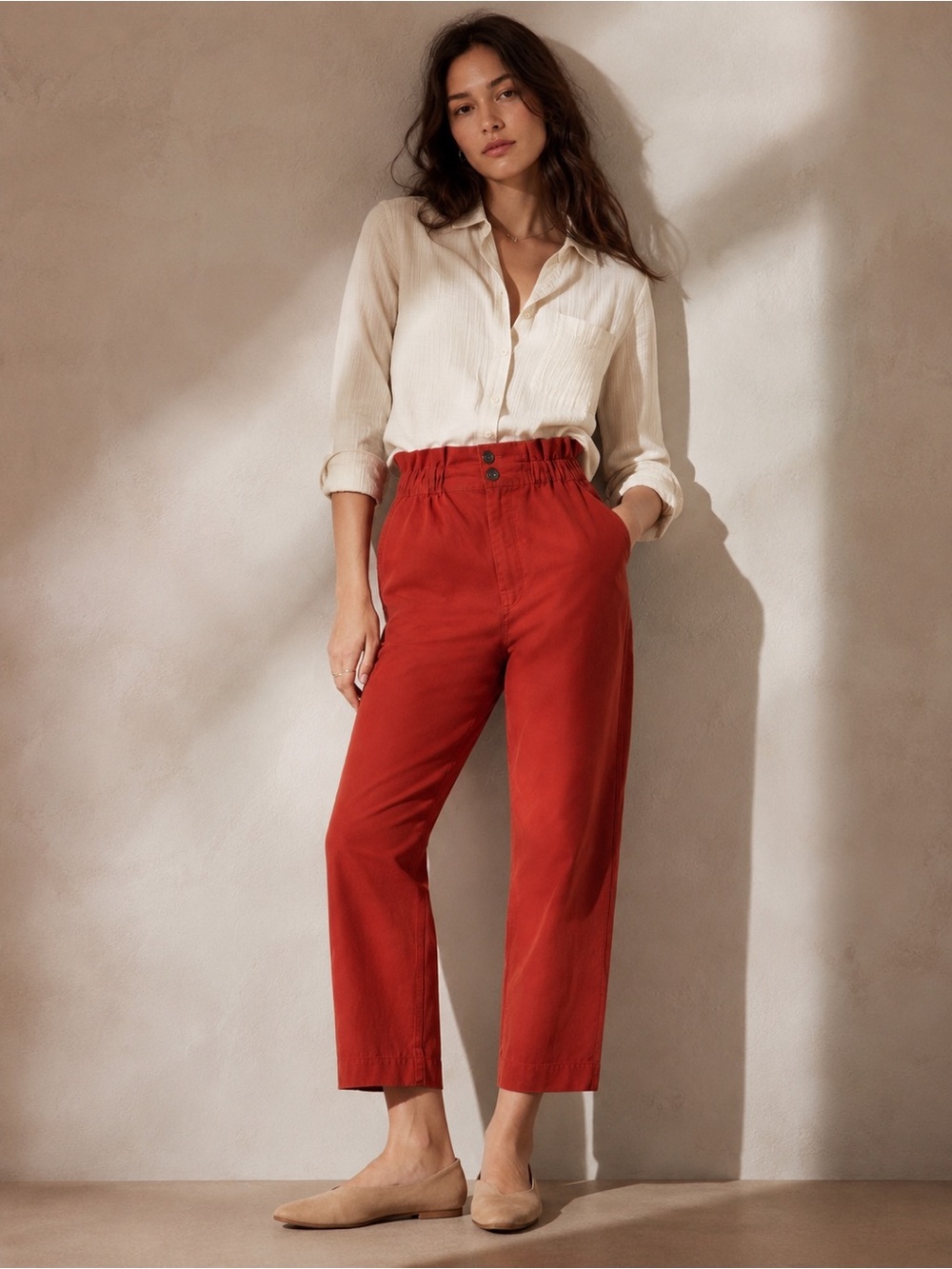 Madewell Paperbag High Rise Crop Pants Rust Red Straight Leg Size 4